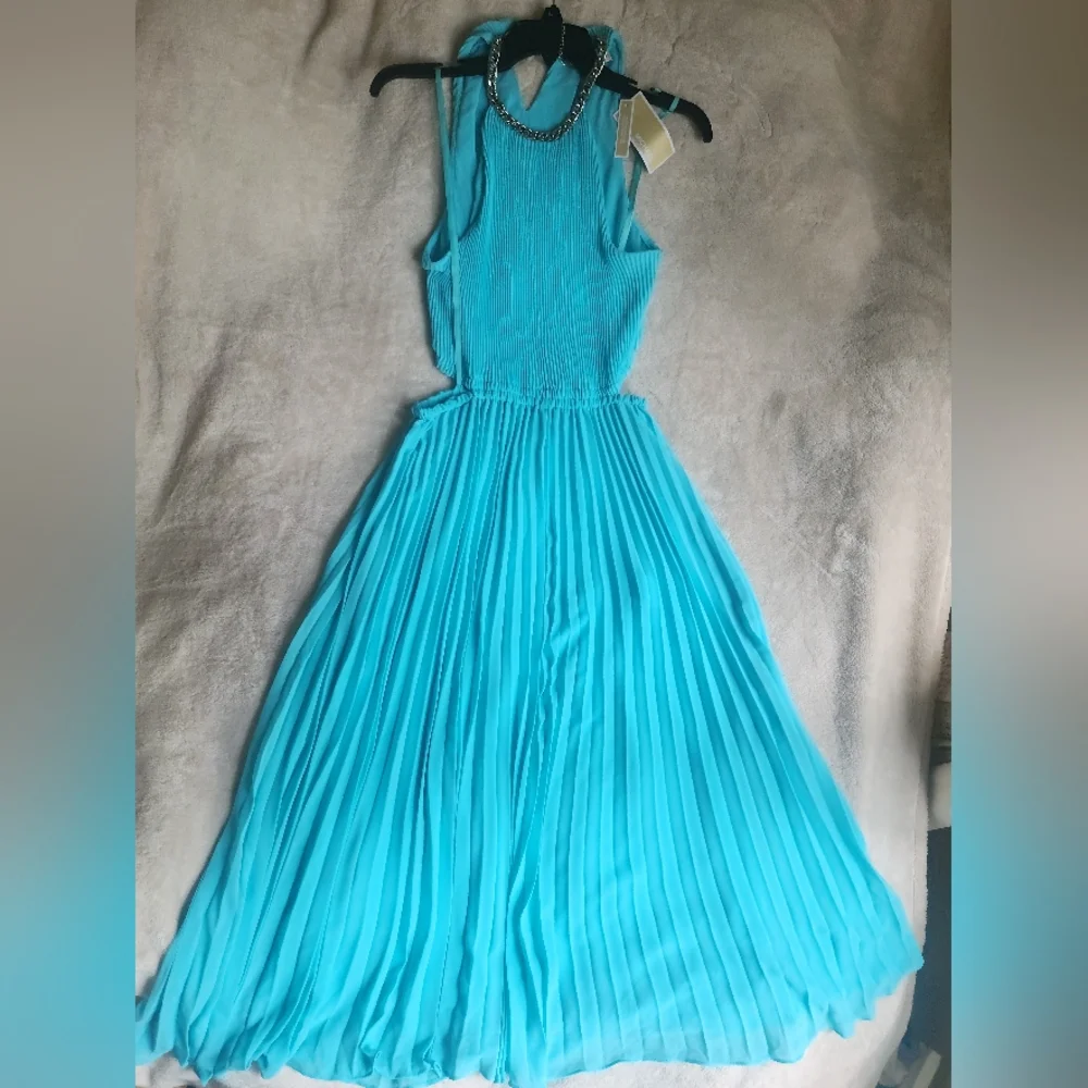 Michael Kors Halter Neck Pleated Cut-out Midi Dress turquoise Sz M & L…